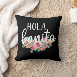 Hola Bonita Spanish Roses Typography Chic Modern  Cushion