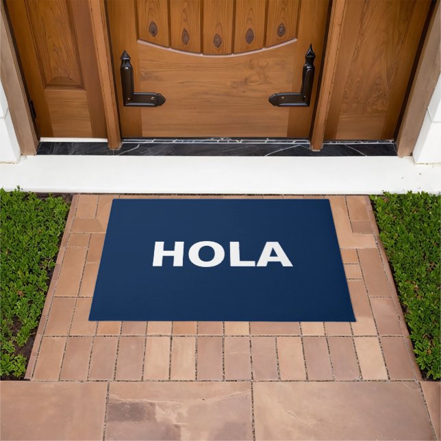 Hola navy blue white Spanish Hello minimalist Doormat (Outdoor)