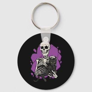 Holding A Black Cat Lazy Halloween Costume Skull  Key Ring