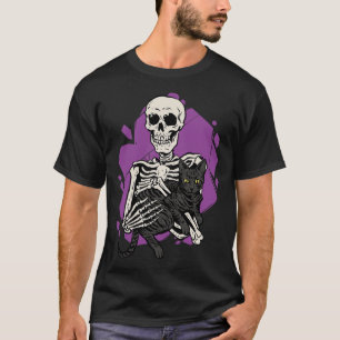 Holding A Black Cat Lazy Halloween Costume Skull  T-Shirt