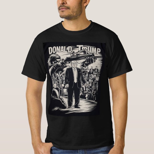 holding a gun aimed at Donald Trump. T-Shirt (Front)