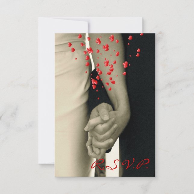 holding hands Balack white wedding RSVP response (Front)