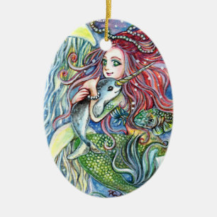 Holding Narwhal Baby - Mermaid Art Ceramic Tree Decoration