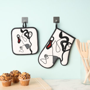 Holding Pattern: Abstract Black, White, Grey & Red Oven Mitt & Pot Holder Set