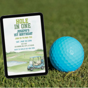 Hole In One, Blue Golf 1st Birthday Invitation