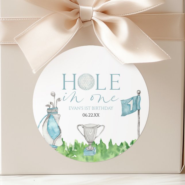 Hole In One Blue Golf 1st Birthday Party Classic Round Sticker (Creator Uploaded)