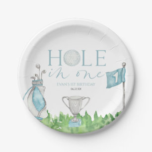 Hole In One Blue Golf 1st Birthday Party Paper Plate