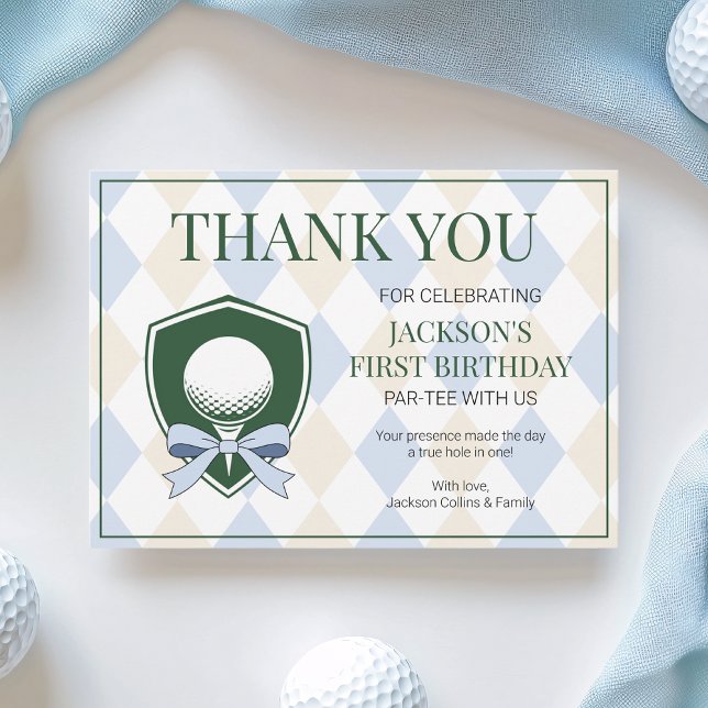 Hole In One Blue Golf Boys Modern 1st Birthday Thank You Card (Hole In One Blue Golf Boys Modern 1st Birthday Thank You Card)