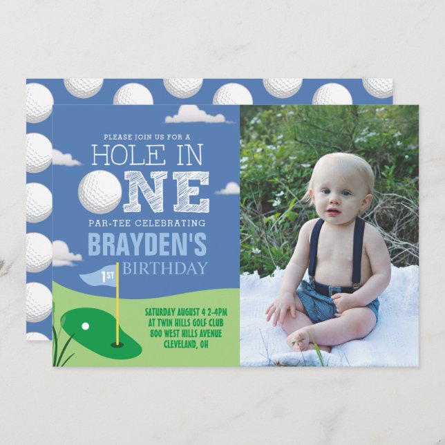 Hole in One Blue Golf Theme Boys First Birthday Invitation (Front/Back)