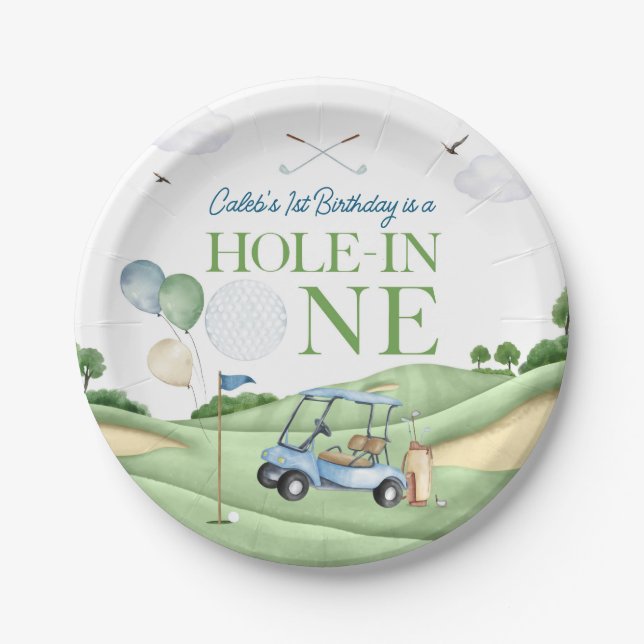 Hole In One Boy Golf First Birthday Par-Tee Paper Plate (Front)