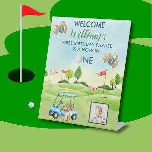 Hole In One Boy Golf Par-tee Photo 1st Birthday Pedestal Sign