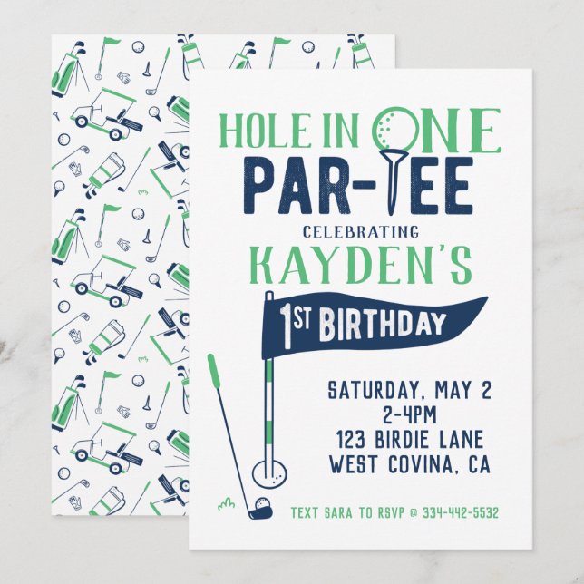 Hole in One Doodle Golf First Birthday Invitation (Front/Back)
