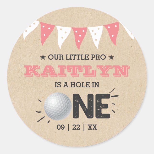 Hole In One Girls Golf 1st Birthday Par-tee Classic Round Sticker (Front)