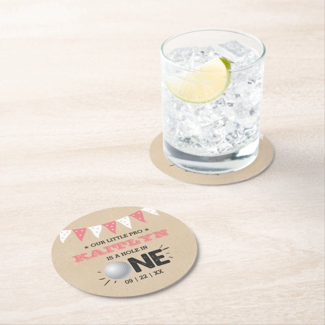 Hole In One Girls Golf 1st Birthday Par-tee Round Paper Coaster (Insitu)