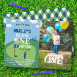 Hole In One Golf 1st Birthday Photo Thank You Card<br><div class="desc">Say thank you in style with these trendy 1st birthday thank you cards. The template wording is easy to personalise and your family and friends will be thrilled when they receive these fabulous thank yous.</div>