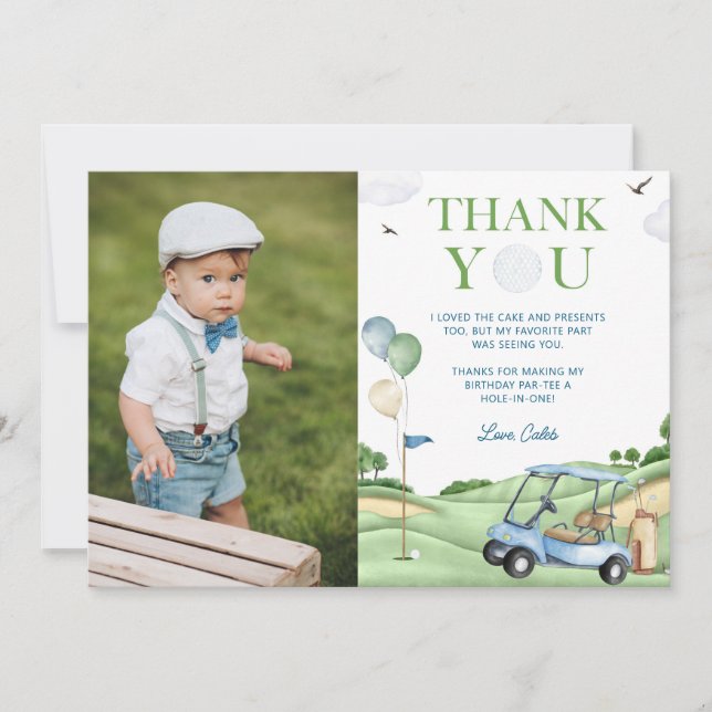 Hole In One Golf 1st Birthday Photo Thank You Card (Front)