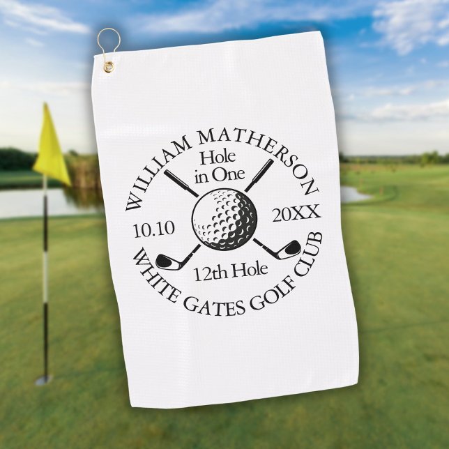 Hole in One Golf Ball And Clubs Personalised Golf Towel (Hole in One Golf Ball And Clubs Personalized Golf Towel)