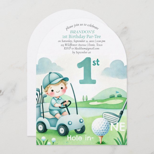 Hole in One Golf Boy 1st Birthday Par-Tee Invitation (Front/Back)