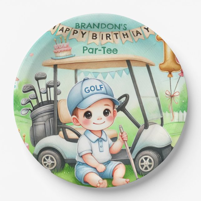 Hole in One Golf Boy 1st Par-tee Birthday Paper Plate (Front)