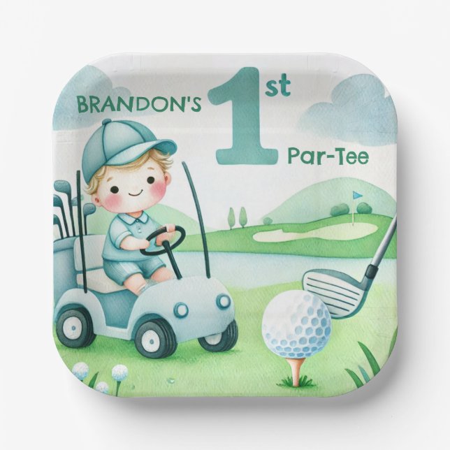 Hole in One Golf Boy 1st Par-tee Birthday Paper Plate (Front)