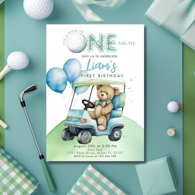 Hole In One Golf Boy First Birthday Par-Tee Bear Invitation (Hole in One Golf First Birthday Par- tee Invitation)