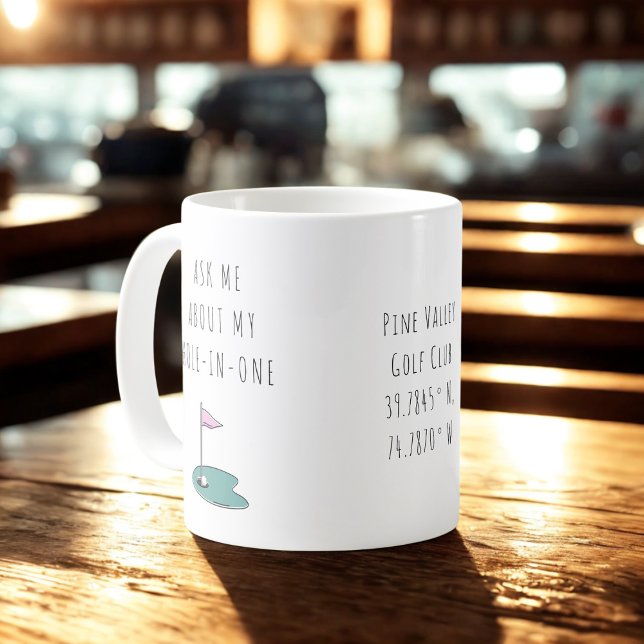 Hole In One Golf Gift for Her Minimal Keepsake Coffee Mug (Modern style with a hand-drawn retro-inspired green and pink flag detail.)