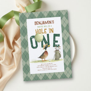 Hole in One Golf Lucky Duck Argyle Boy 1st Birthda Invitation