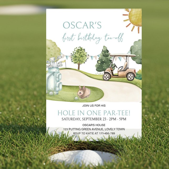 Hole in One Golf theme 1st Birthday Par-tee Invitation (Hole in one 1st Birthday Par-tee invitation. Tee-off your celebrations with this cute invite!)