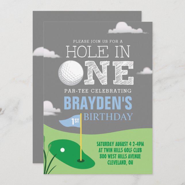 Hole in One Grey Golf Theme Boys First Birthday Invitation (Front/Back)