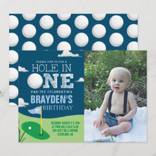 Hole in One Navy Golf Theme Boys First Birthday Invitation