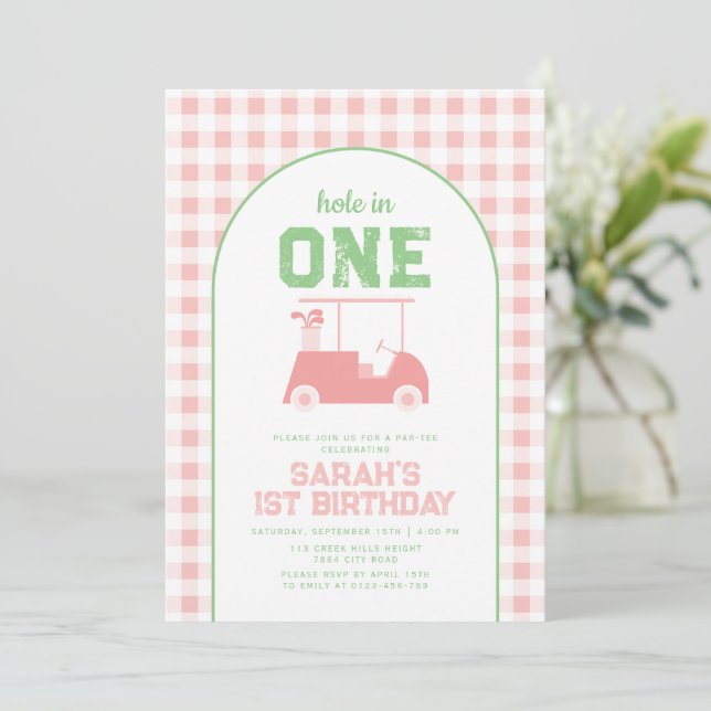 Hole in One Par Tee Girls 1st Birthday Invitation (Standing Front)