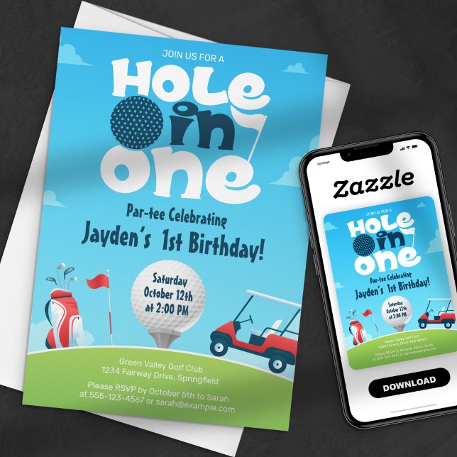 Hole In One Par tee Green Blue Golf Birthday Party Invitation (Creator Uploaded)