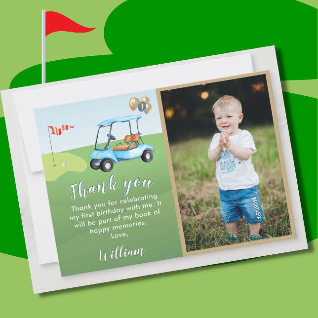 Hole In One Photo Boy Golf Par-tee 1st Birthday Thank You Card (Creator Uploaded)