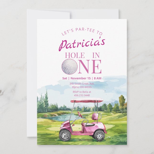 Hole In One Pink Golf 1st Birthday Invitation (Front)