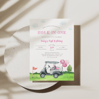 Hole-In-One Pink Golf 1st Birthday Invitation
