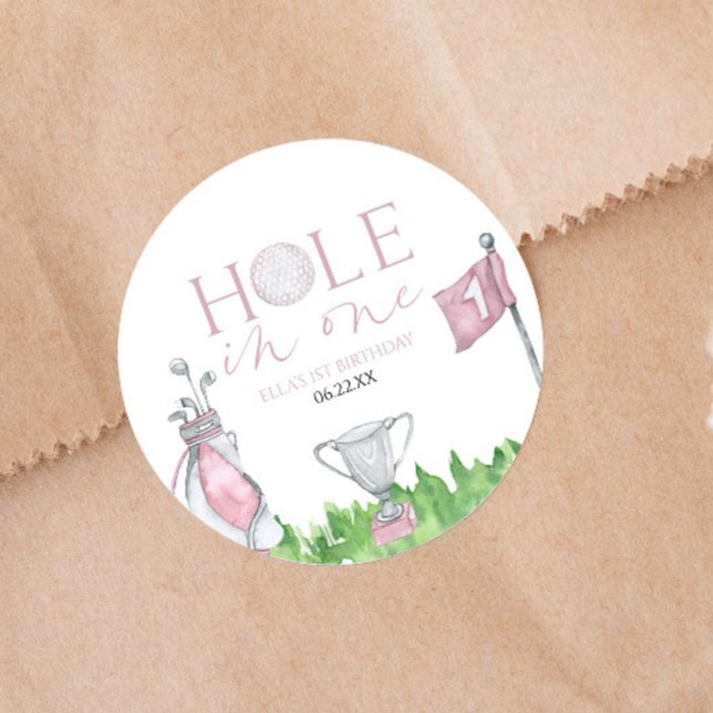 Hole In One Pink Golf 1st Birthday Party Classic Round Sticker (Creator Uploaded)