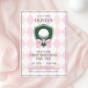 Hole in One Pink Golf Girls 1st Birthday Party Invitation
