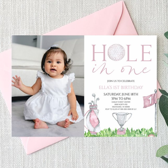Hole In One Pink Golf Picture 1st Birthday Party Invitation (Creator Uploaded)
