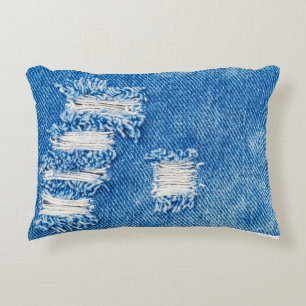 Hole on Denim Jeans. Ripped Destroyed Torn Blue je Decorative Cushion