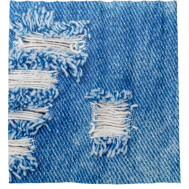 Hole on Denim Jeans. Ripped Destroyed Torn Blue je Shower Curtain (Front)