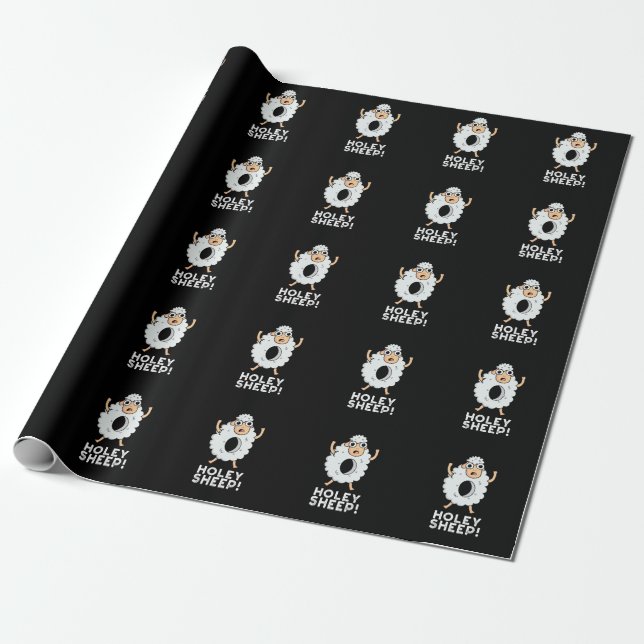 Holey Sheep Funny Animal Pun Dark BG Wrapping Paper (Unrolled)