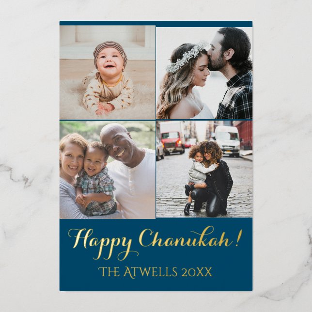 Holiday 4 Photos Happy Chanukah Family Blue Foil (Front)