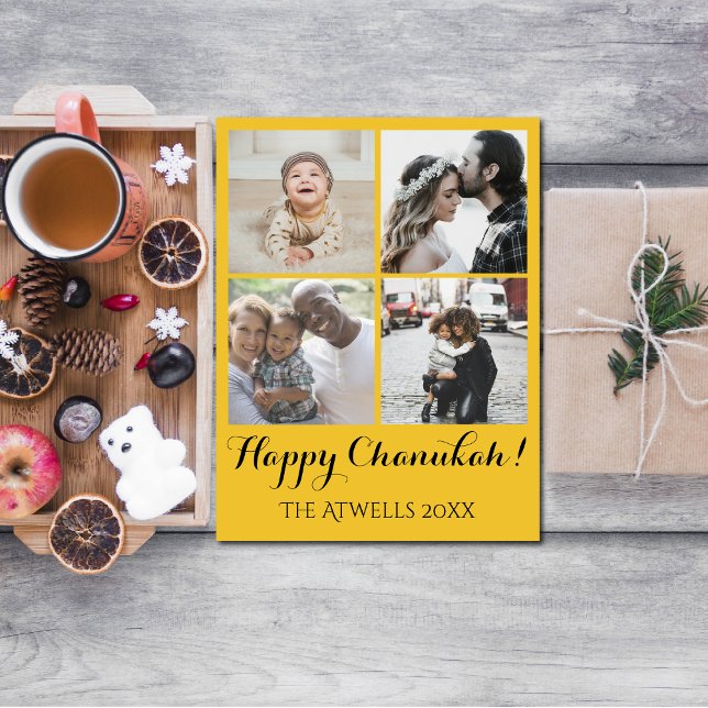 Holiday 4 Photos Happy Chanukah Family Gold Postcard (Personalize this Chanukah postcard with your family photos.)