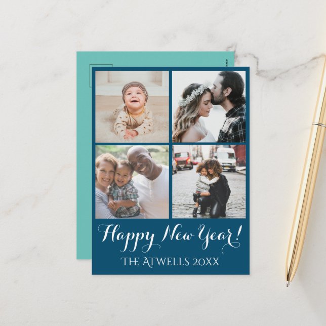 Holiday 4 Photos Happy New Year Family Blue (Front/Back In Situ)