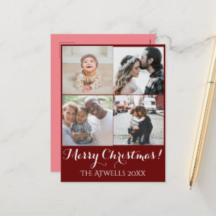 Holiday 4 Photos Merry Christmas Family Red Postcard