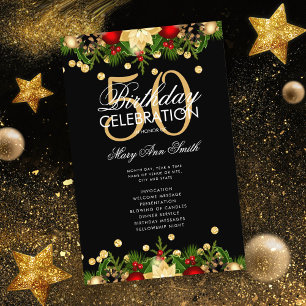 Holiday 50th Birthday Party Program Gold w/ Menu