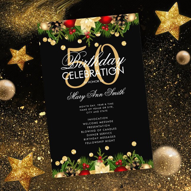 Holiday 50th Birthday Party Program Gold w/ Menu (Creator Uploaded)