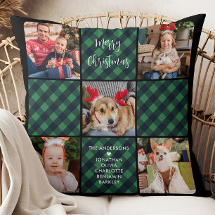 Holiday 5 Photo Collage Personalised Green Plaid Cushion