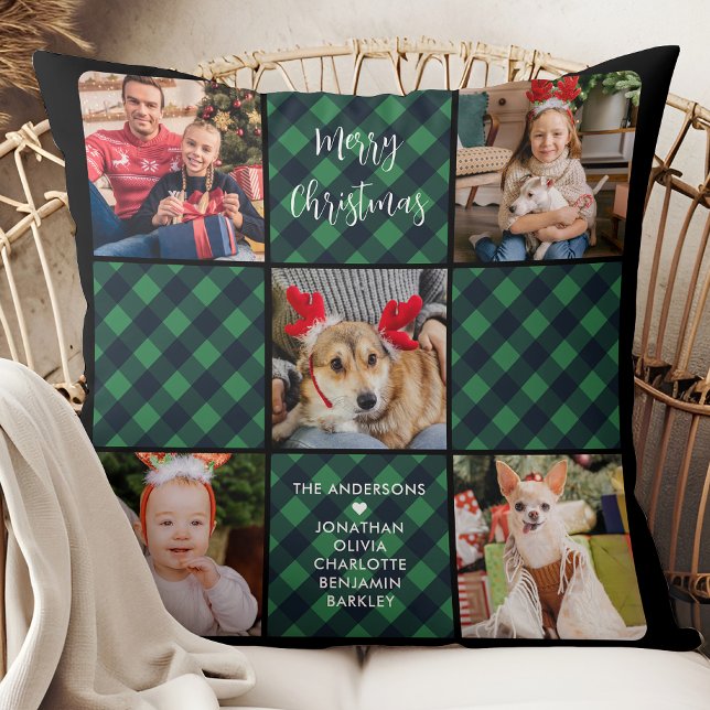 Holiday 5 Photo Collage Personalised Green Plaid Cushion (Creator Uploaded)