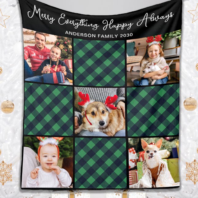 Holiday 5 Photo Collage Personalised Green Plaid Fleece Blanket (Creator Uploaded)